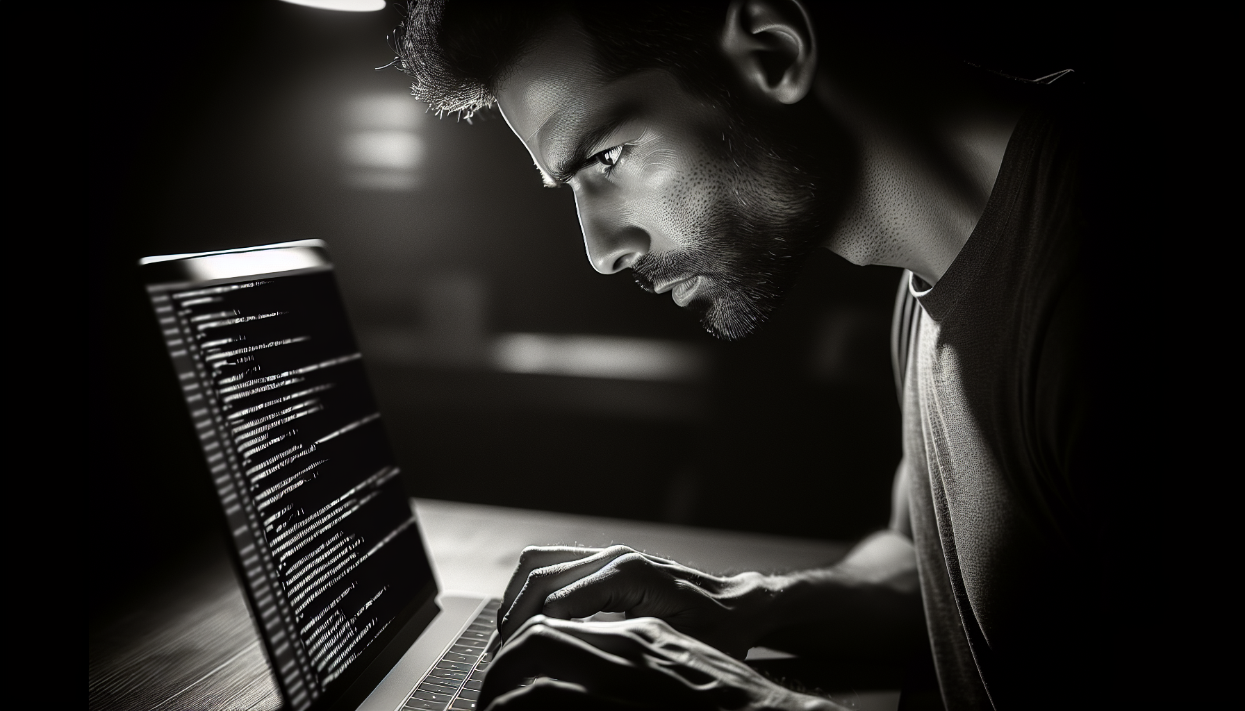 A man sitting in a dark room infront of a laptop, black and white