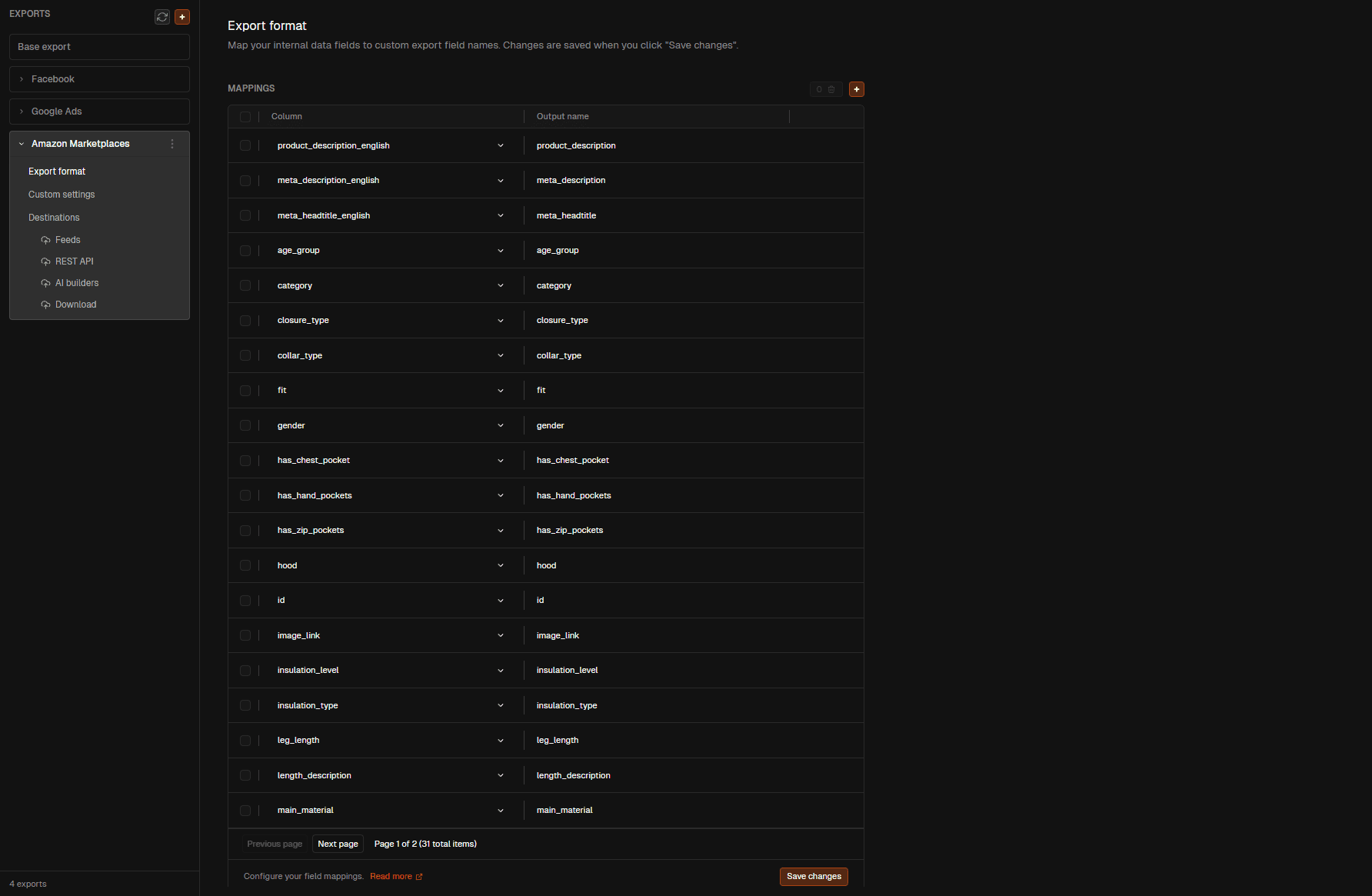 Export configuration preview