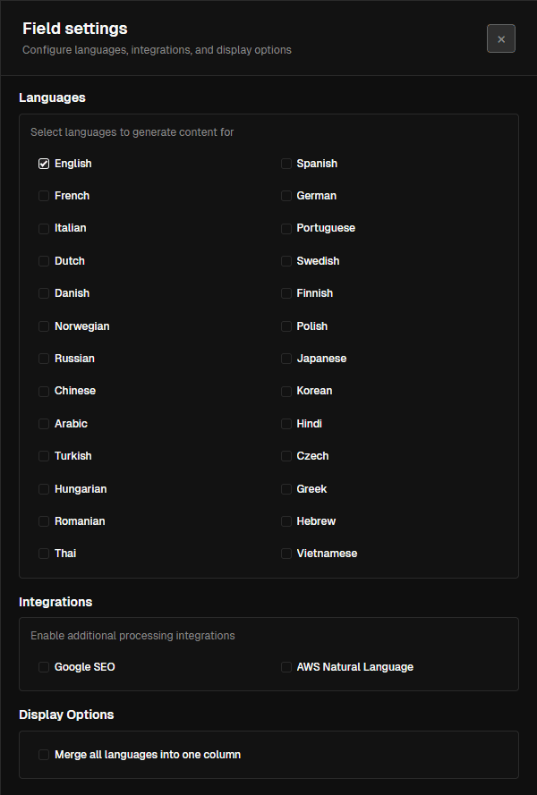 Field settings with multilingual and SEO controls