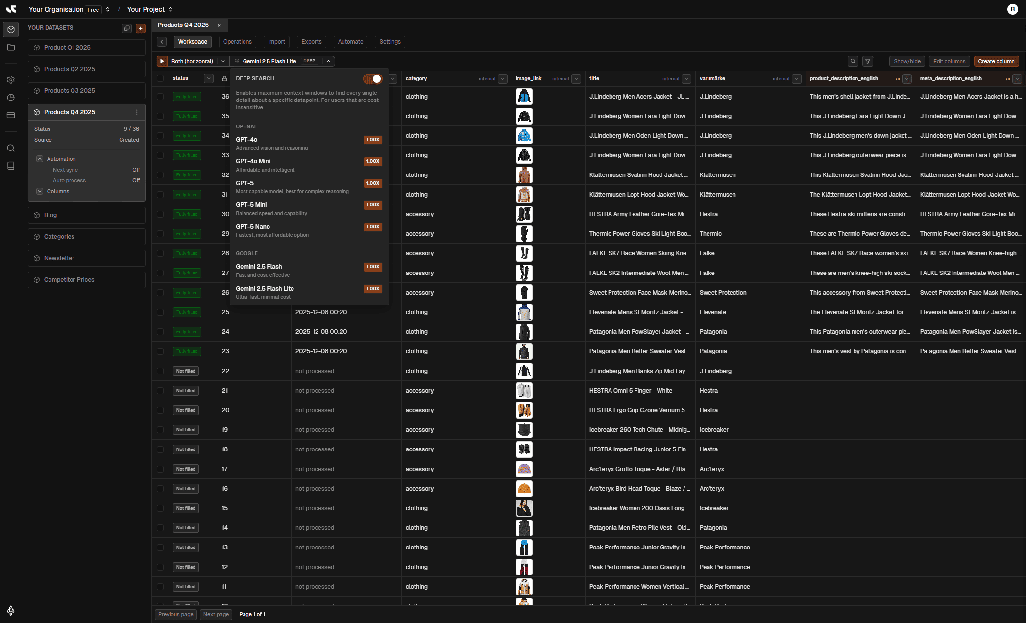 Model selection inside workspace