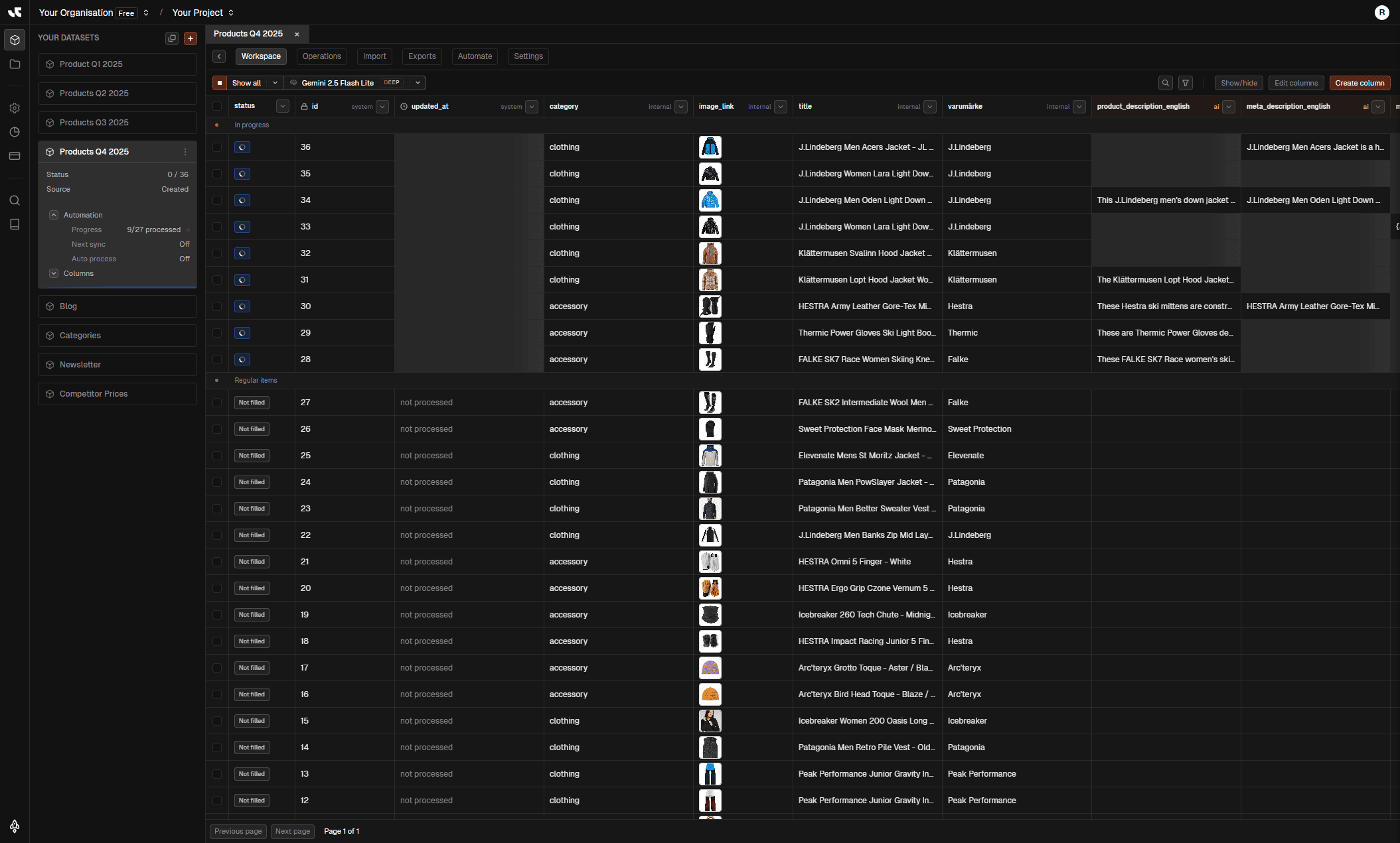 Workspace interface table view with generation controls